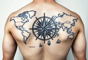 antique compass rose overlaid on weathered world map with sailing ships tattoo idea