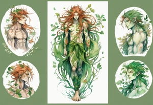 a slender and beautiful male dryad with green skin and long copper hair and roots instead of feet tattoo idea
