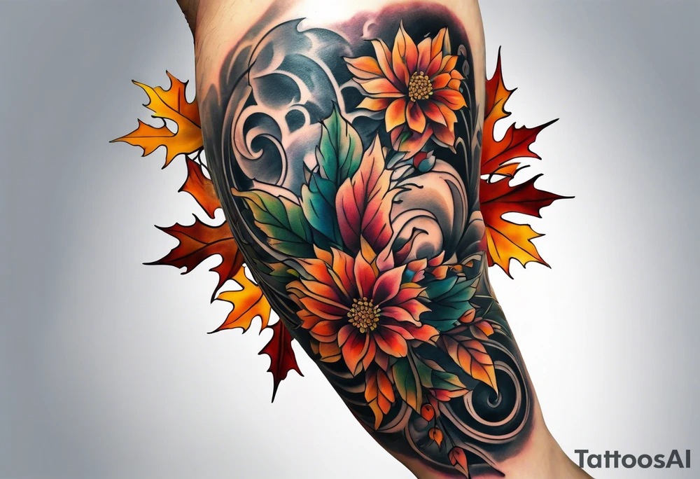 Knee tattoo with fall colors showing leaves, flowers, water flow and sky tattoo idea