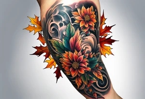 Knee tattoo with fall colors showing leaves, flowers, water flow and sky tattoo idea