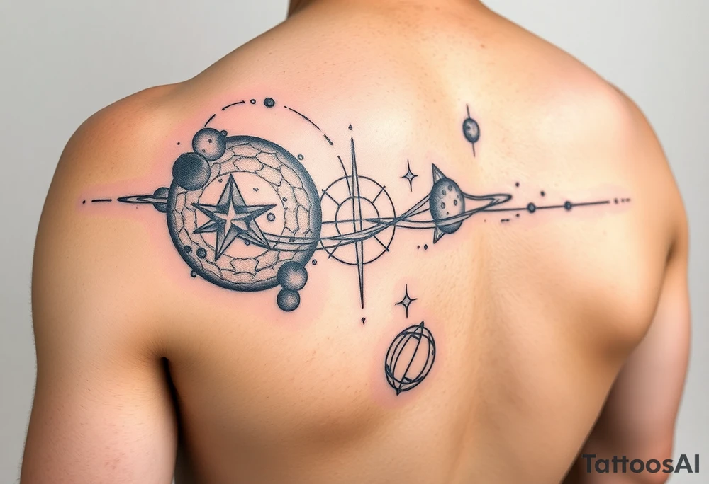 Lower arm sleeve, outer space, planets, geometric patterns, string theory tattoo idea