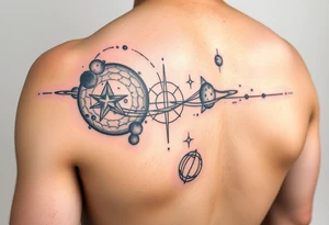 Lower arm sleeve, outer space, planets, geometric patterns, string theory tattoo idea
