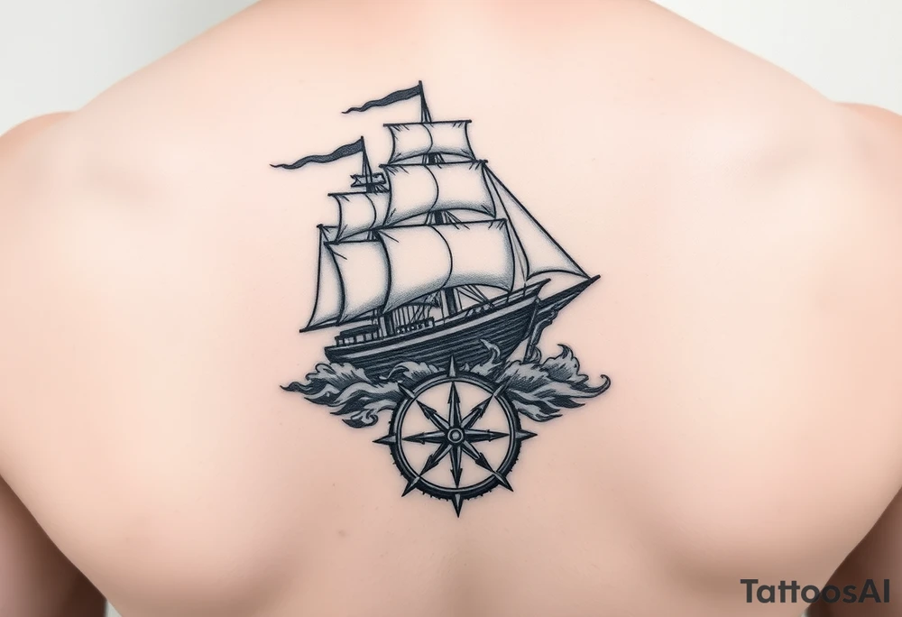 a ship in stormy seas,under it a compass. tattoo idea