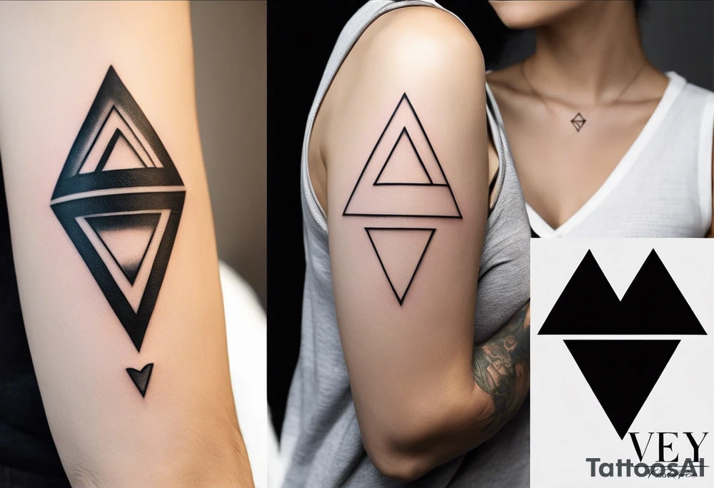 veey Minimalistic tattoo that will have three simple filled in shapes placed in a triangle formation. The top shape will be a geometric heart that symbolizes health. The bottom left will have a compass rose as a symbol for purpose. The bottom right will have three circles placed in a triangle formation to symbolize family. Tattoo should be minimalist with just the shapes filled in and no ornaments tattoo idea