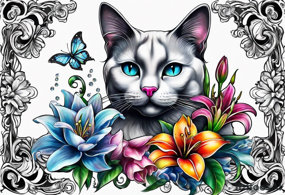 Blavk cat with lilies crystals and diamonds tattoo idea