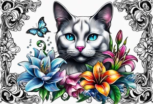 Blavk cat with lilies crystals and diamonds tattoo idea