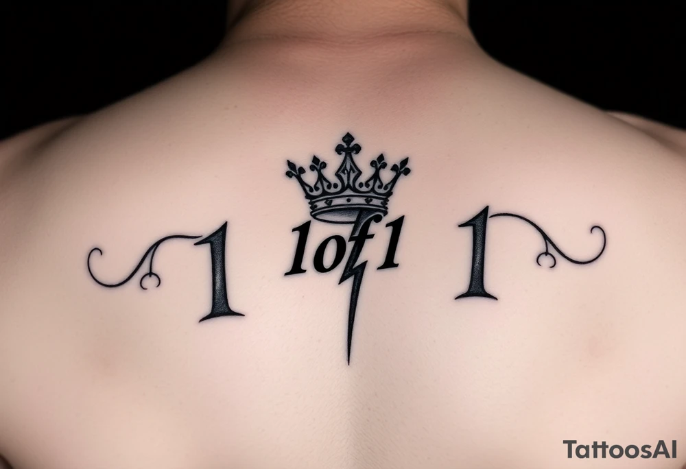 On my back forearm I want it to say 1of1 with a crown above “of” with lightning shadow tattoo idea