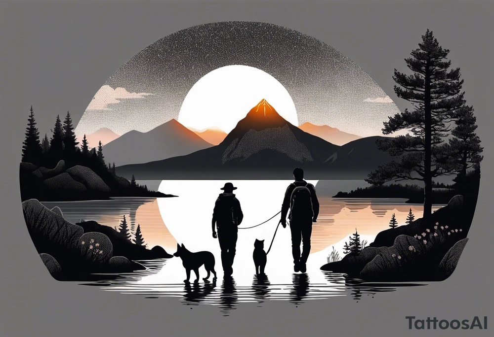nature, sunset, mountains, a father and son hiking with their dog and cat 
by the water tattoo idea