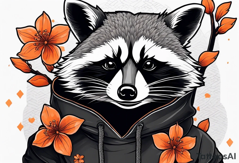 Raccoon wearing a white Superman logo on a black hoodie and orange Japanese cherry blossoms beside tattoo idea