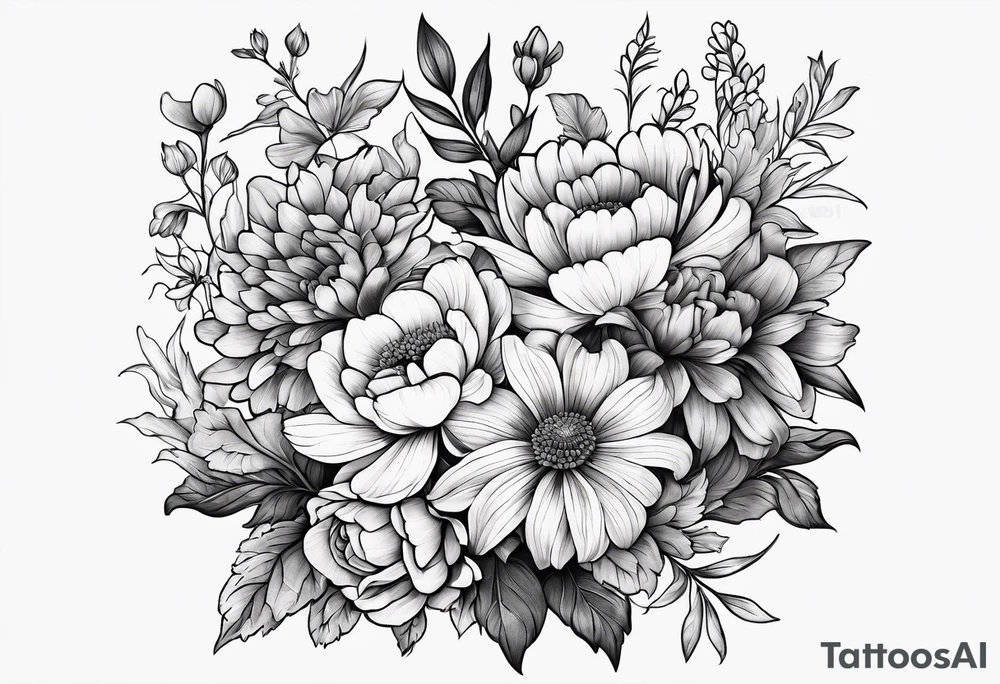 Flower bouquet filled with violets, irises and chrysanthemums tattoo idea