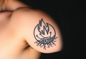 flame in a roots circle, with little sprouts on the circle tattoo idea