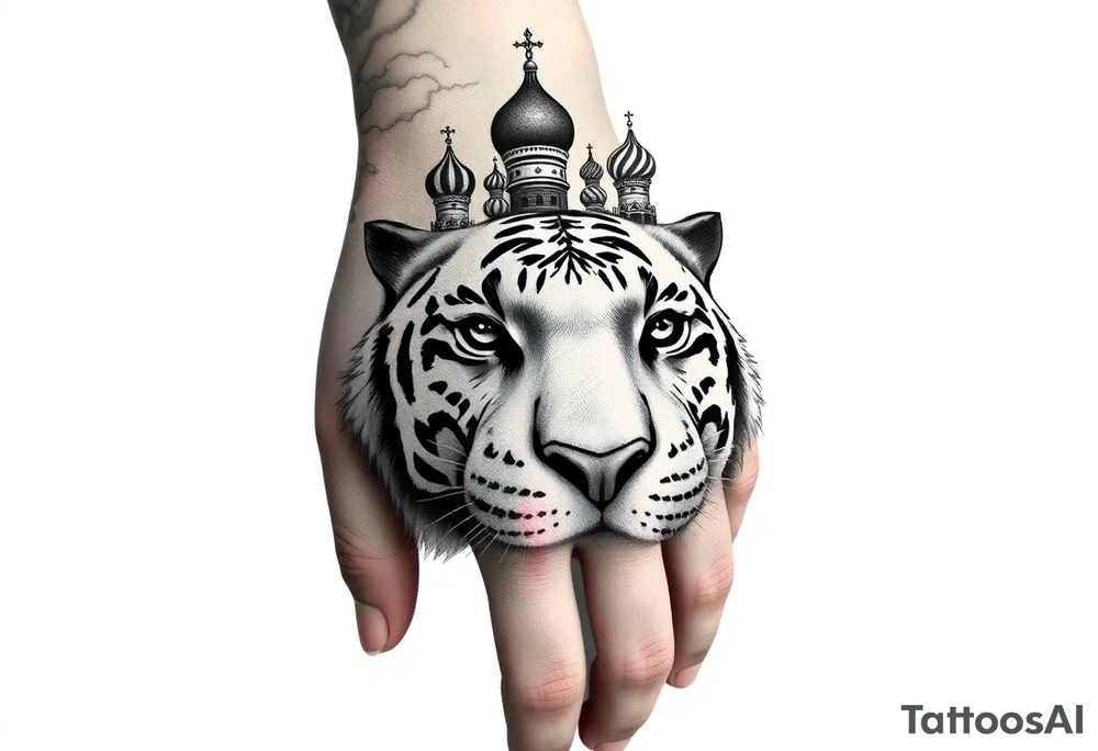 Realistic white tiger face on the back of the hand with strong contrast and fine detail with its eyes completely black. with a highly detailed Russian Orthodox cathedral sitting above on fore arm with onion domes and orthodox crosses, done in fine line, engraving-like style. Cohesive composition, black ink only, no color, high contrast, slightly aged, documentary-style, plain light background. with clouds above and a virgin mary 
spanning from my hand to lower fore arm tattoo idea