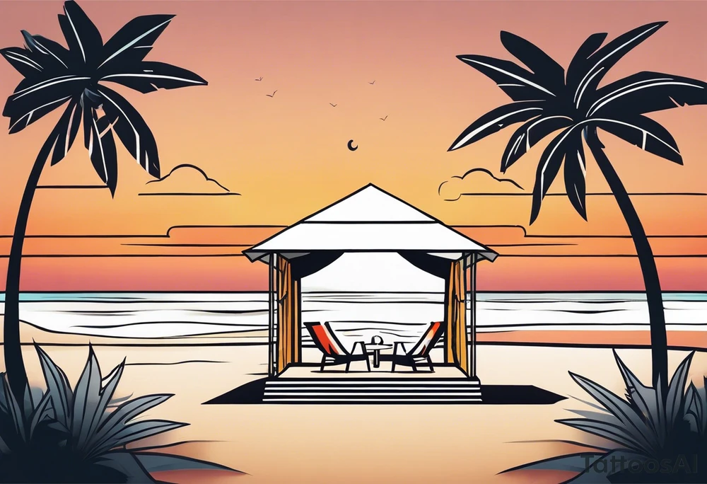 negative space linework cabana on a beach at sunset tattoo idea