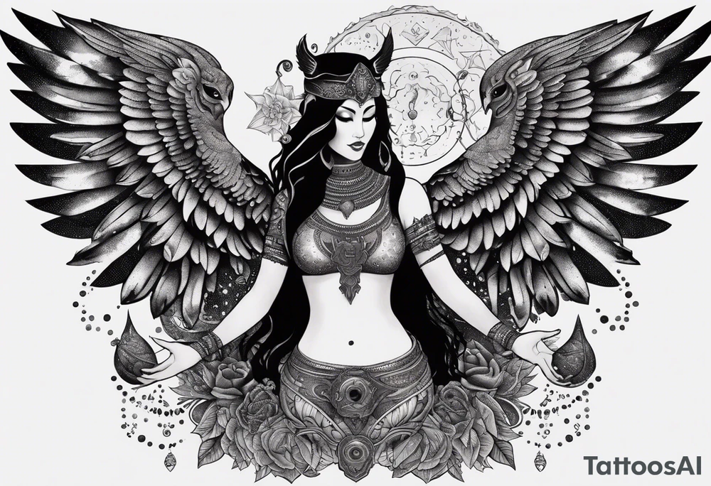 black kali, goddess pirate, alien, angel, pachamama, valkrye, warrior, flying, skull, lotus azul, wing, eagle, zenza resonance, stars, 5D, anahata chakra, death, durga, riding on a tiger, flying lady, kundalini, chest tatoo, samuri, rebel,serpent tattoo idea