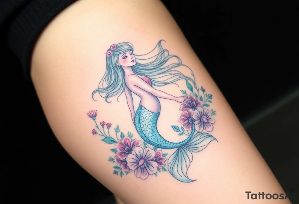 ethereal mermaid with flowing hair among coral and sea flowers tattoo idea
