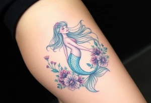 ethereal mermaid with flowing hair among coral and sea flowers tattoo idea