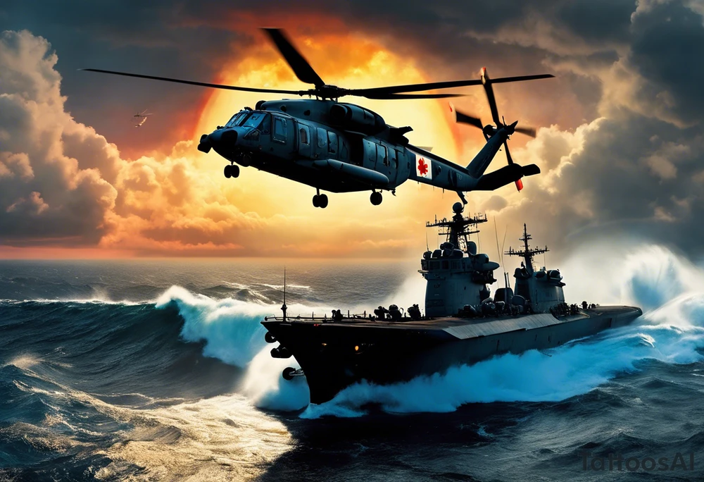 A cinematic-style tattoo depicting a Canadian military CH-148 Cyclone helicopter performing a daring maneuver over a turbulent ocean. The sky should be filled with dramatic clouds, and the sun should be setting, casting long shadows. The helicopter should be the main focus, with intricate details and a sense of motion. In the background, a poppy should be prominently displayed, and a quote from 'Lest We Forget' should be included tattoo idea