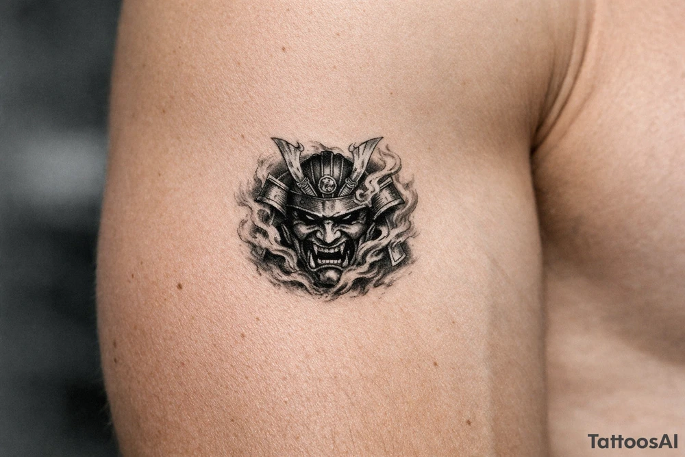 Samurai mask emerging from swirling smoke, black and grey, covering the shoulder. tattoo idea
