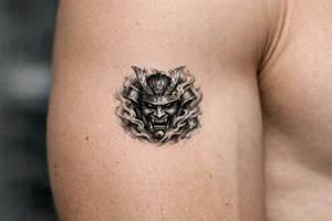 Samurai mask emerging from swirling smoke, black and grey, covering the shoulder. tattoo idea