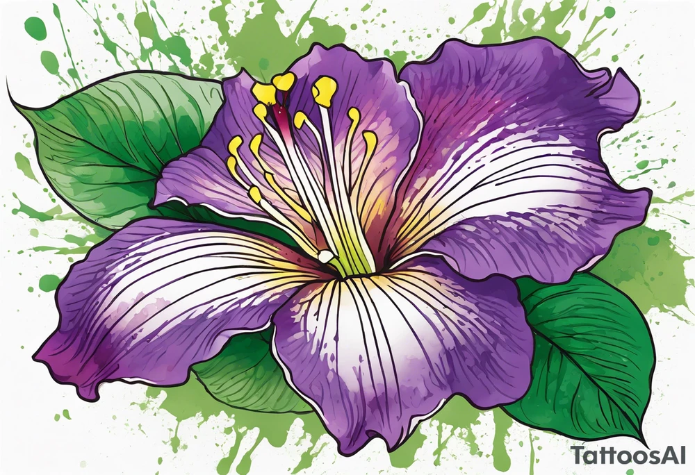 An outline of a rio dipladenia flower with green pedals and a purple watercolor splash in the background tattoo idea