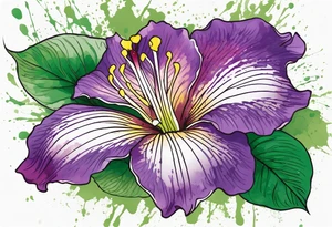 An outline of a rio dipladenia flower with green pedals and a purple watercolor splash in the background tattoo idea