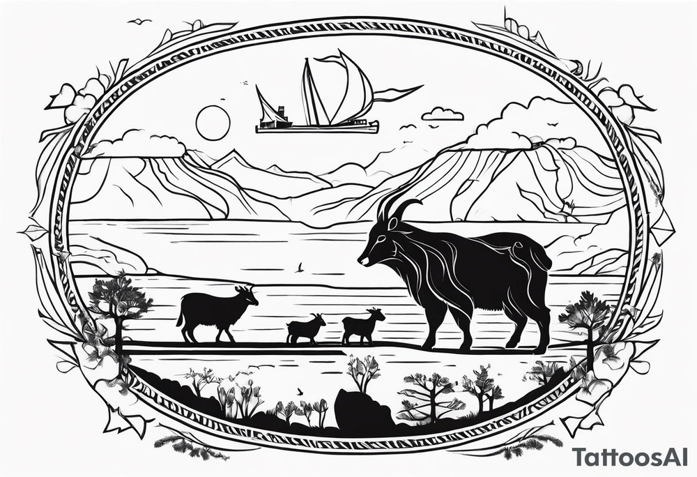 Noah's ark with a badger, a goat and a reindeer inside the outlines of Map of Mallorca behind tattoo idea