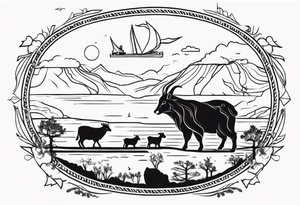 Noah's ark with a badger, a goat and a reindeer inside the outlines of Map of Mallorca behind tattoo idea