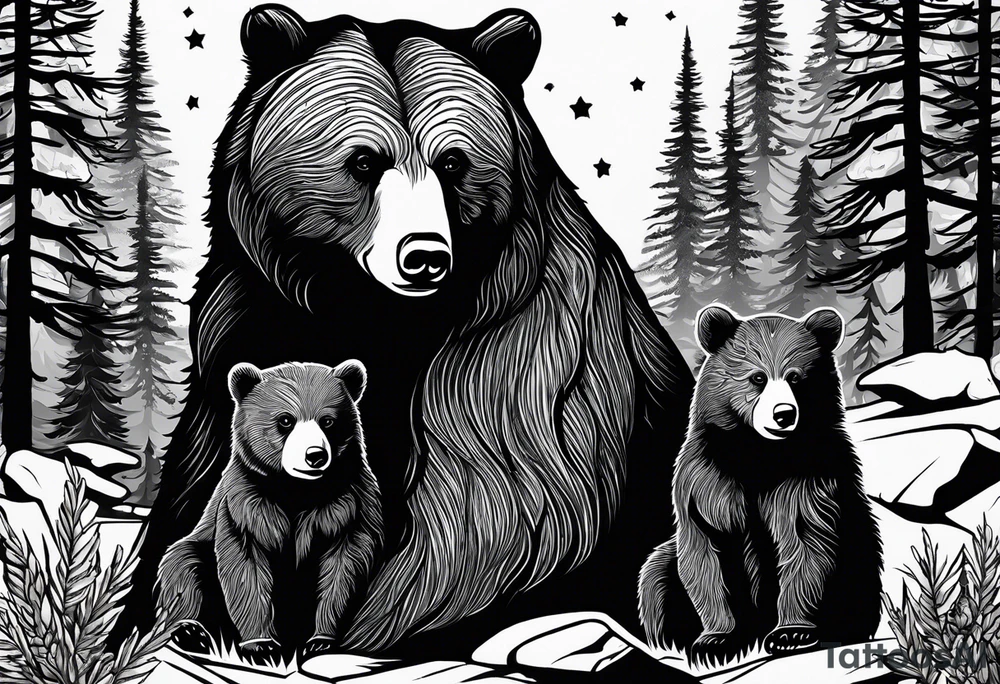 The tattoo shows a mother bear holding two bear cubs in her arms. A small bear cub and a larger bear cub. The bears are surrounded by fir trees and rocks. There is written „no matzer what i got your back“ above and under tattoo idea