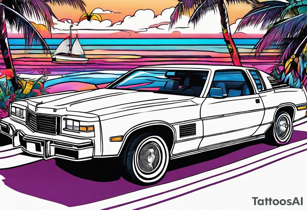 1980's miami vice style beach party, tattoo idea