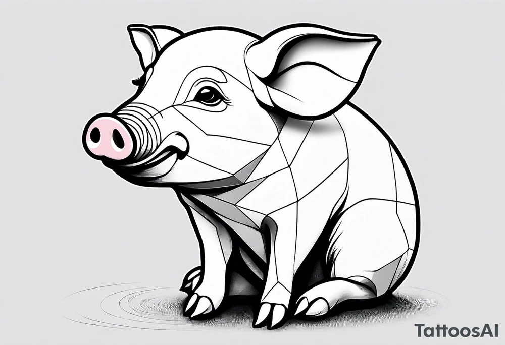 cute piglet sitting on bum. thin lines minimal shading, black and white only, with text "friends not food", white background tattoo idea
