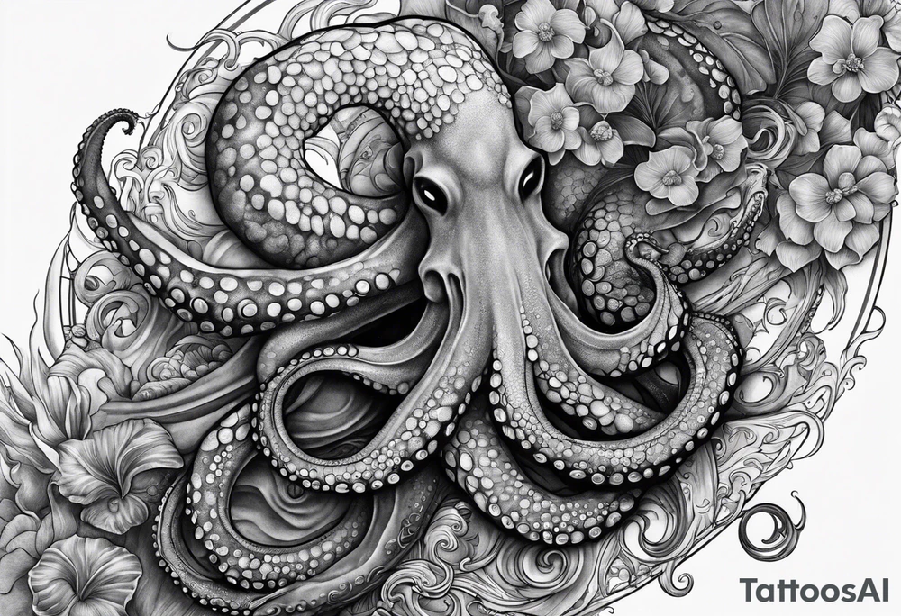 Lower leg sleeve. Large blue ring octopus holding and looking up at mermaid tattoo idea