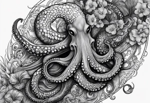 Lower leg sleeve. Large blue ring octopus holding and looking up at mermaid tattoo idea