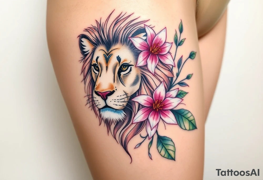 Lion with larkspur and water lilies tattoo idea