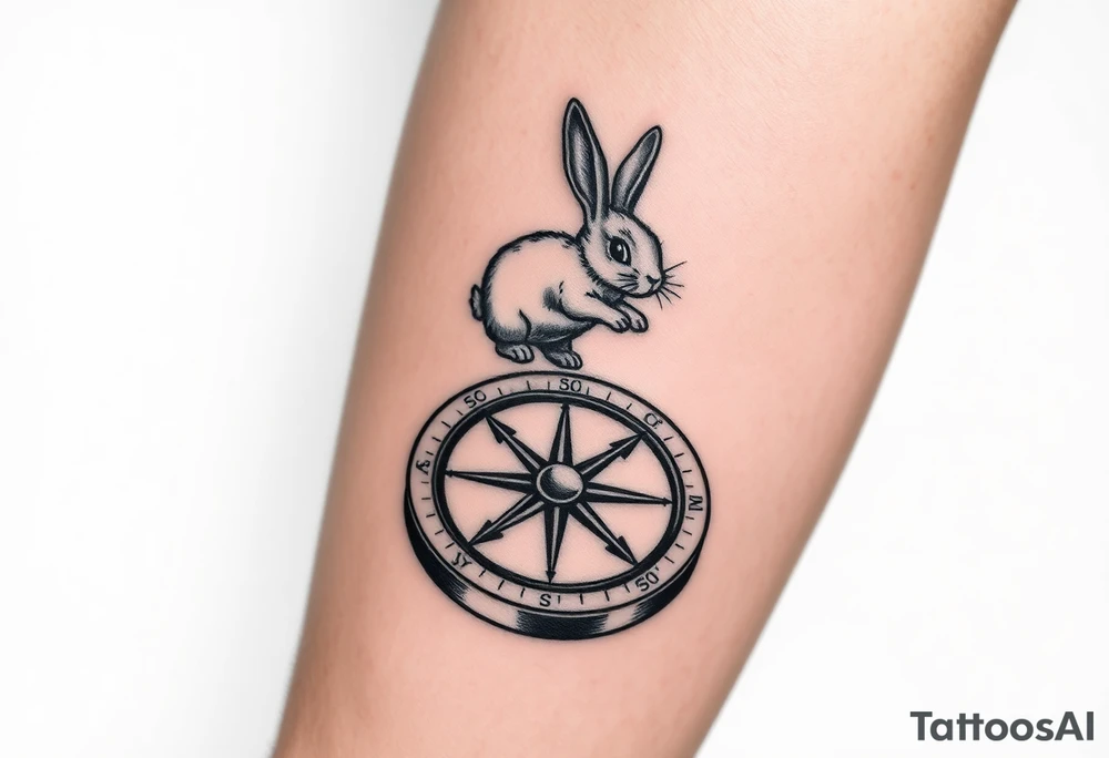 Small Rabbit jumping on top the compass that looks like a rabbit hole. tattoo idea