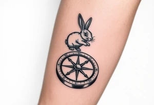 Small Rabbit jumping on top the compass that looks like a rabbit hole. tattoo idea