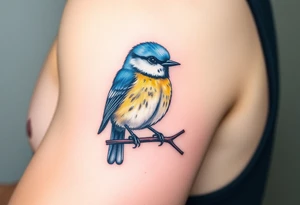 Blue tit bird sitting on a branch tattoo idea