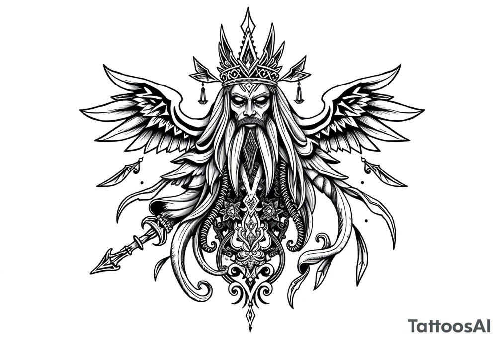long shaman mytical with ancient rhyme tattoo idea