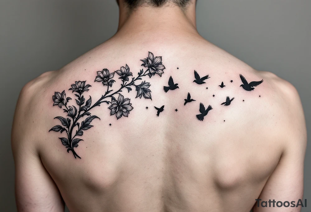 A wood violet blowing in the wind with pedals floating away turning into birds tattoo idea