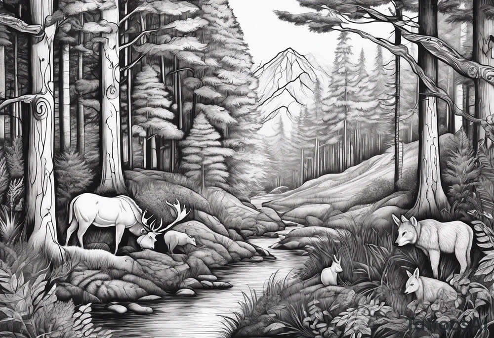 Forest with trees and animals roaming tattoo idea