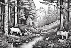 Forest with trees and animals roaming tattoo idea