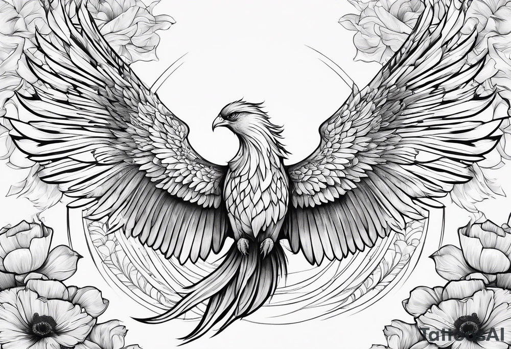 elongated phoenix in flight 
in profile long tail with claws holding poppies falling tattoo idea