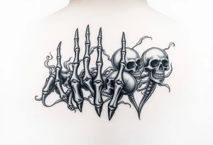 Hand tattoo four skeleton fingers fading into smoke with dead souls and skeleton heads on my forearm tattoo idea