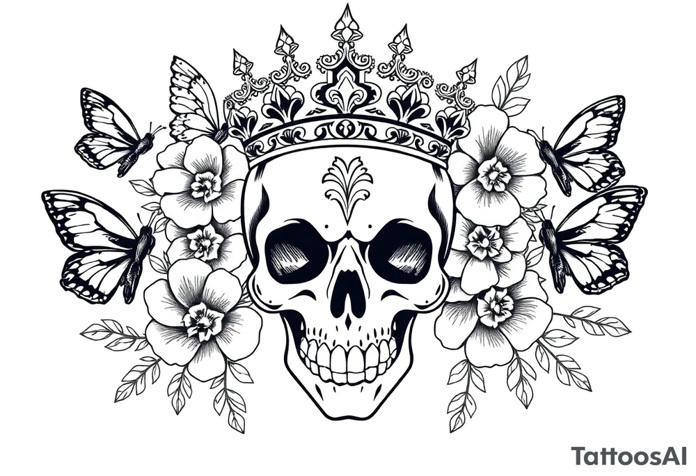 ornate skull adorned with gorgeous crown surrounded by boho flowers and butterflies tattoo idea