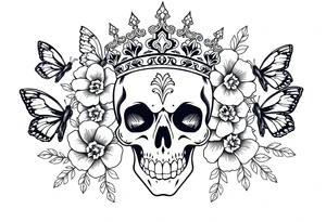 ornate skull adorned with gorgeous crown surrounded by boho flowers and butterflies tattoo idea
