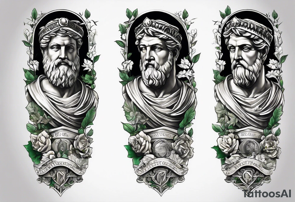 a tattoo full sleeve of stoic heroes in statue form including plato, socrates, alexander the great, julius ceasar, aristotle, pythagorus and william marshal. small amounts of Green english vine plant running through the whole tattoo. all fit on one arm. tattoo idea
