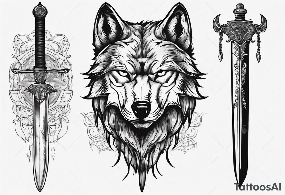 wolf head with sword in background tattoo idea