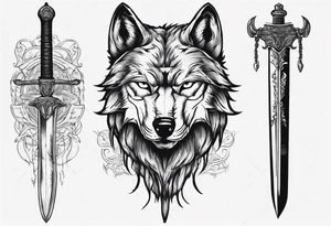 wolf head with sword in background tattoo idea