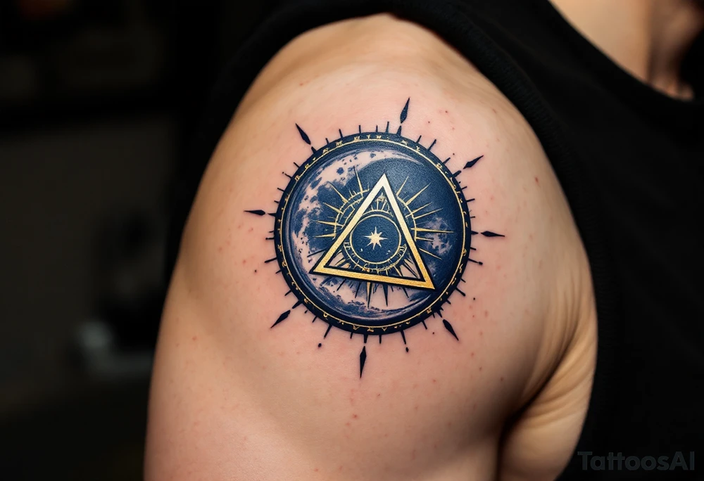 A moon and sun intertwined with a triquetra, in gold and midnight blue tattoo idea