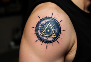 A moon and sun intertwined with a triquetra, in gold and midnight blue tattoo idea