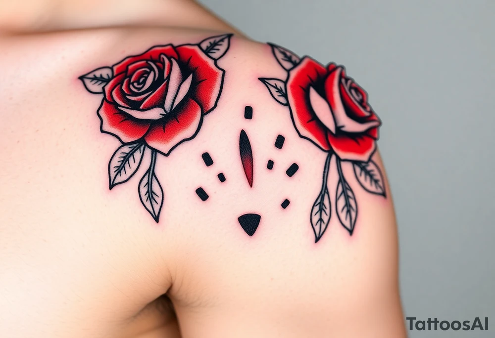 A traditional tattoo-style mole with bold black outlines, and red roses surrounding it for a classic old-school aesthetic tattoo idea